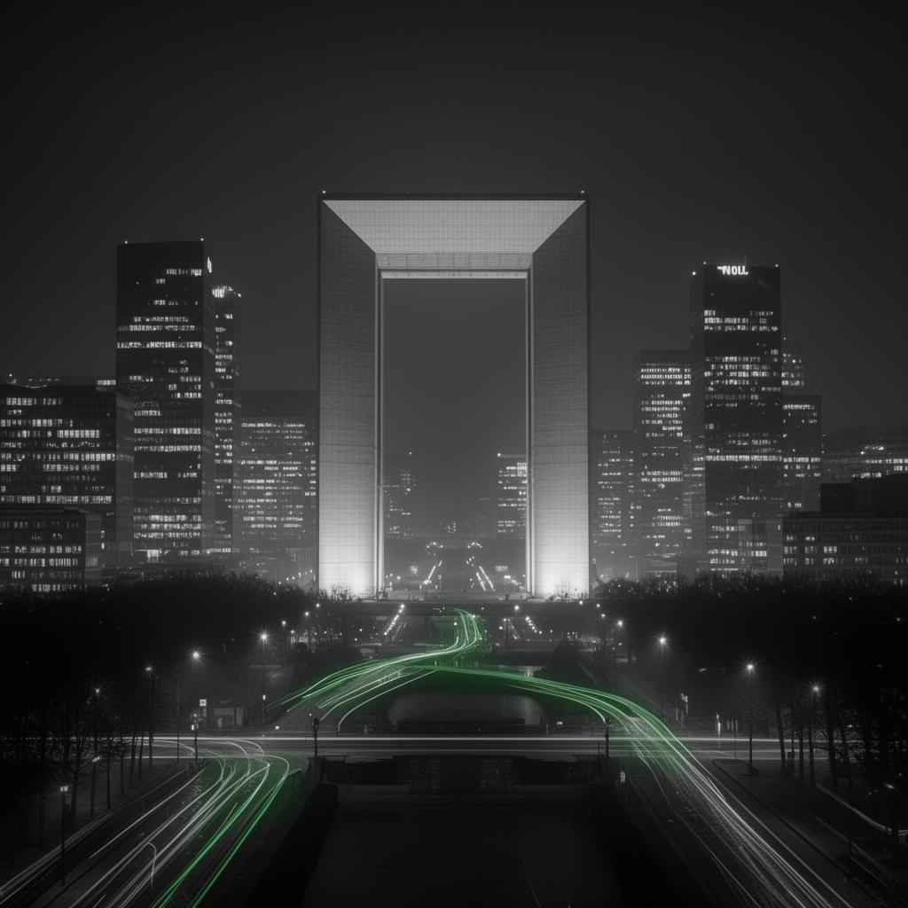 CNIT La Défense at night with green light trails